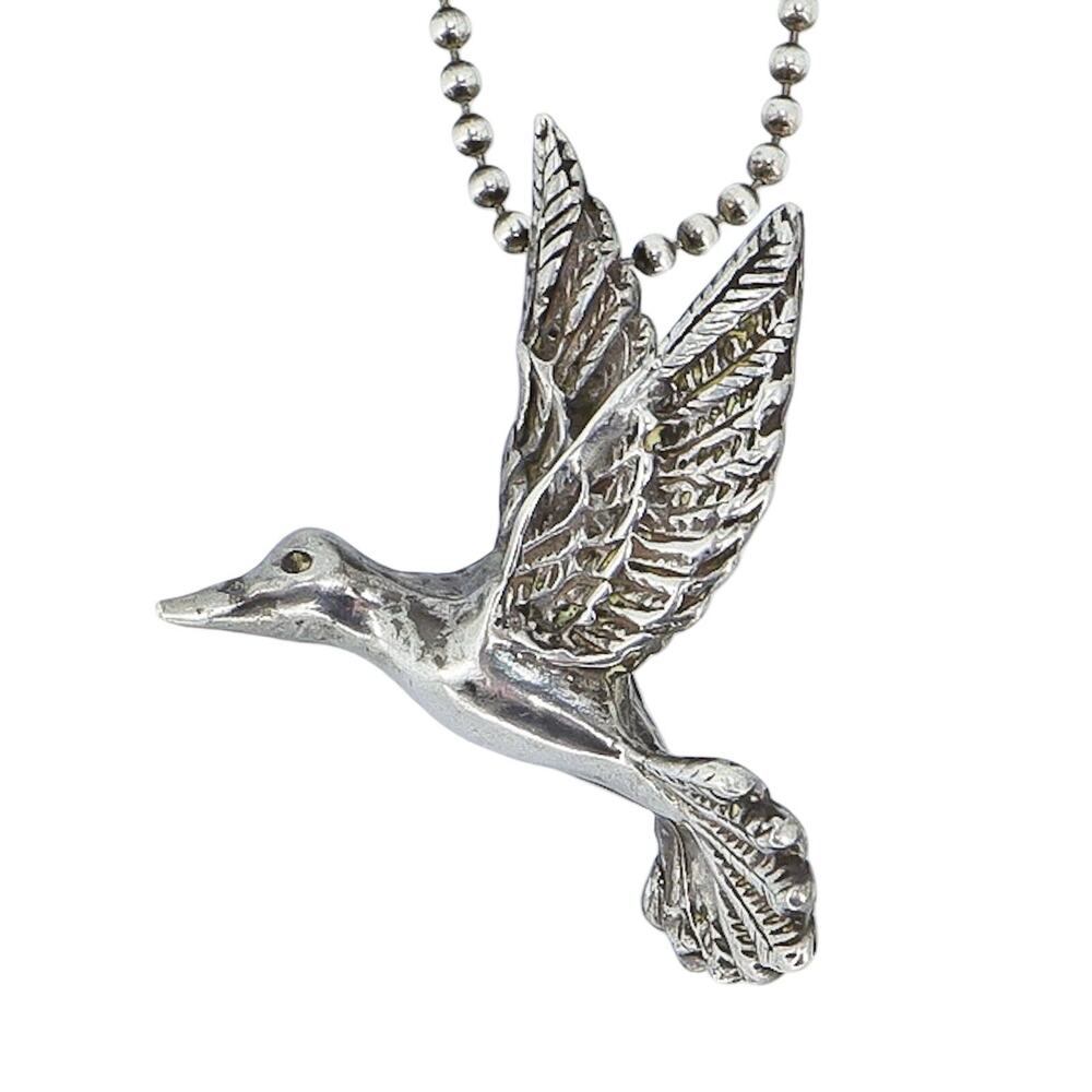 Vintage Sterling Silver 7g Pendant Necklace Flying Bird Duck Ball Chain 3D